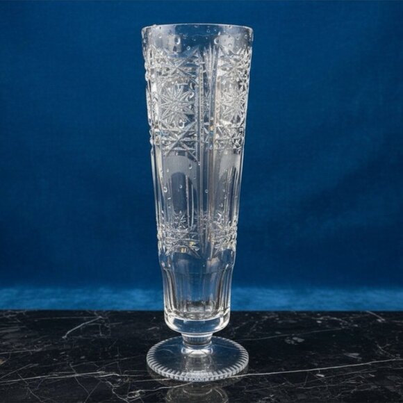 Vintage European Cut Crystal Pedestal Starburst Vase 8.25 Inch - Picture 1 of 10
